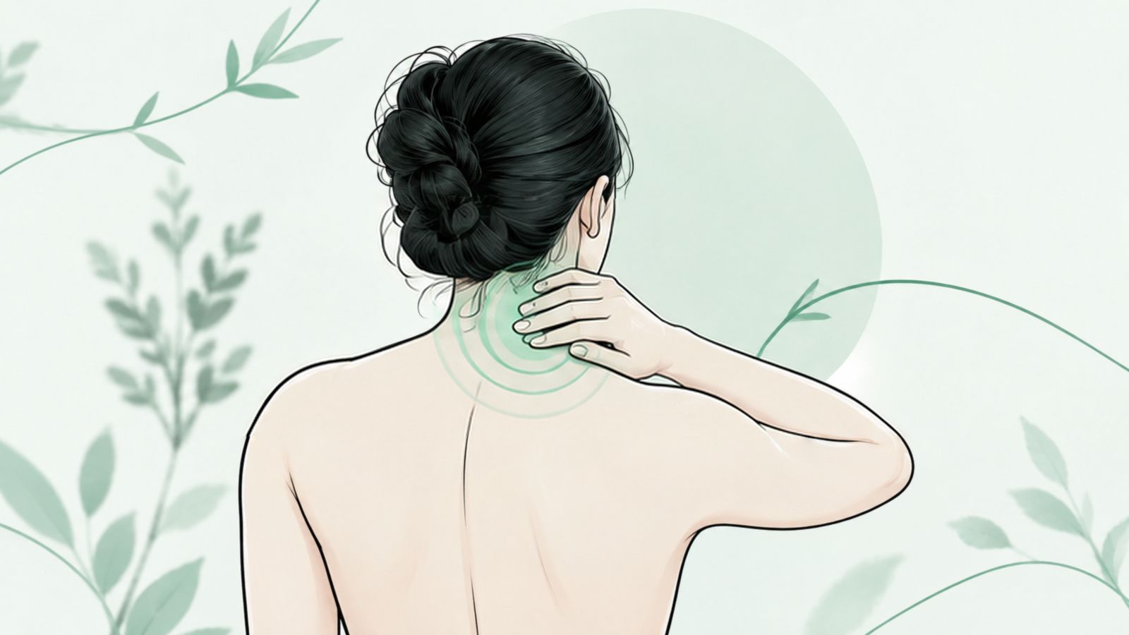 Ilustrace: žena si drží zátylek, z krční páteře vychází bolest do hlavy
