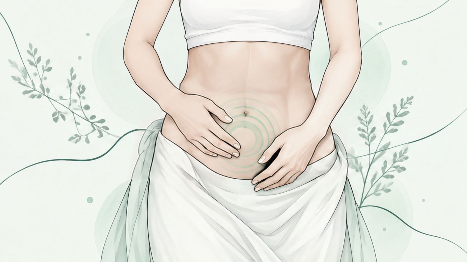 Ilustrace: dlaně položené na podbřišku, klidné uvolnění