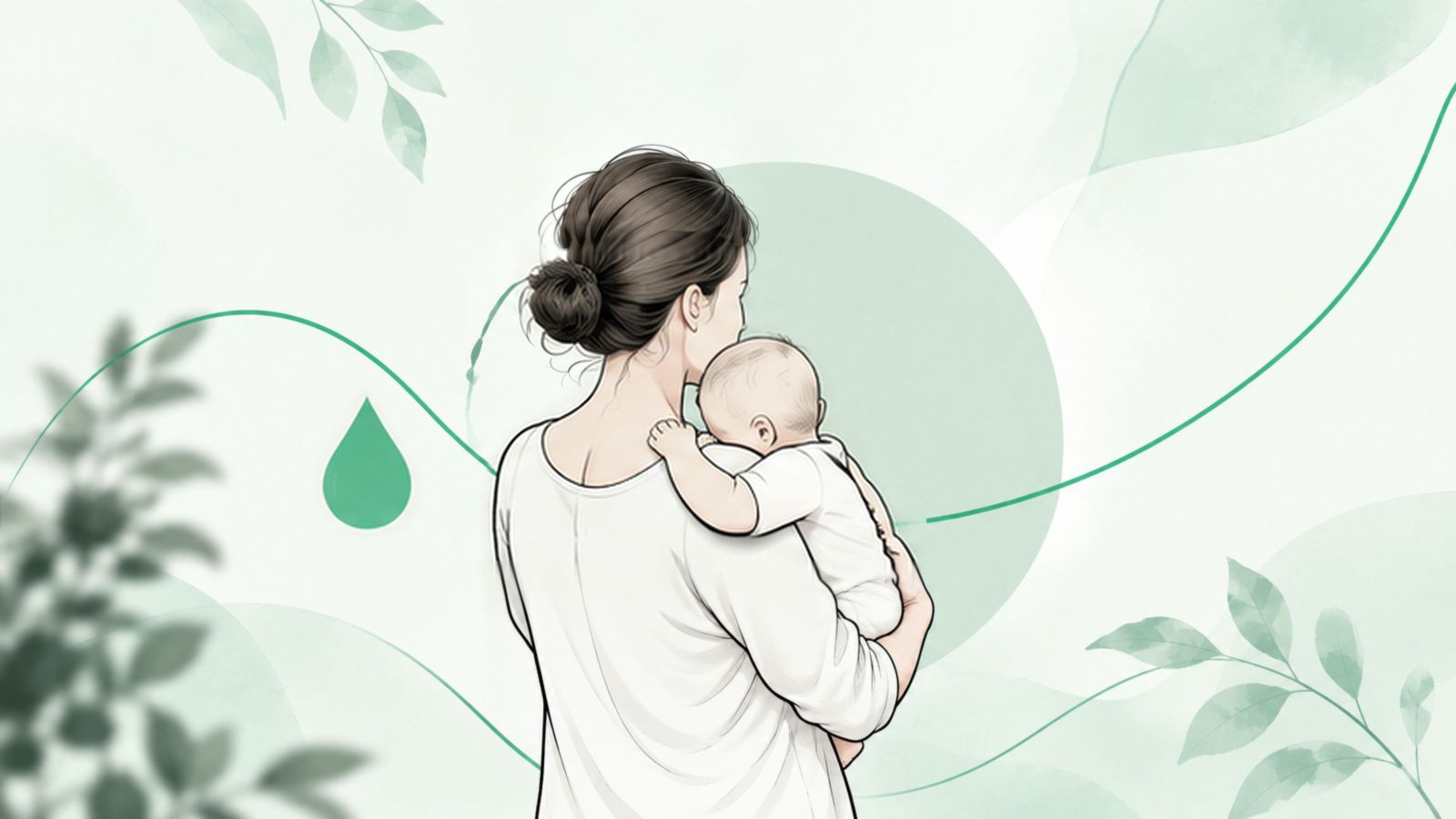Ilustrace: maminka s miminkem v náručí a symbol kapky